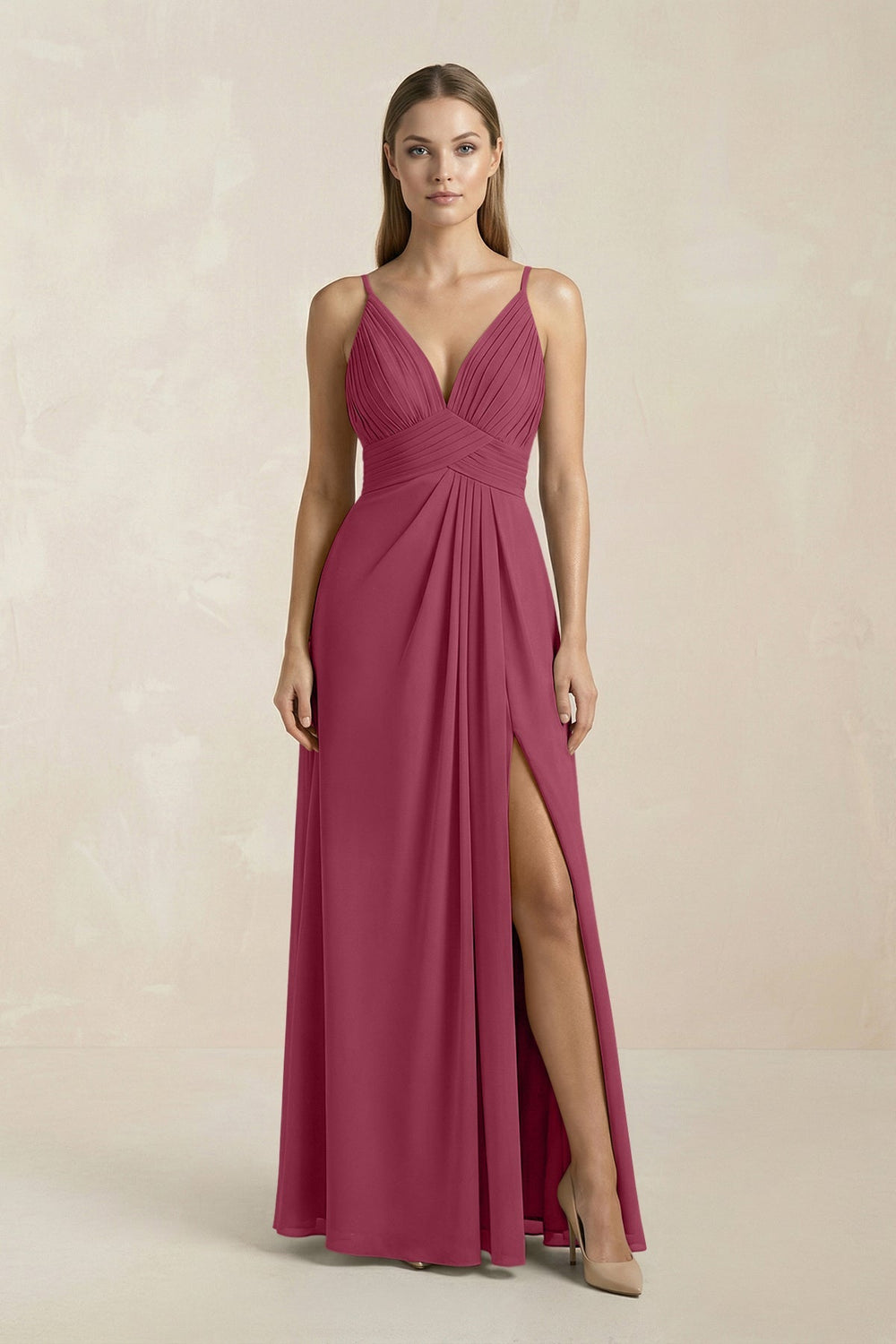 V - Neck A - Line Pleated Chiffon Bridesmaid Dress in Desert Rose - KissProm Bridesmaid Dresses