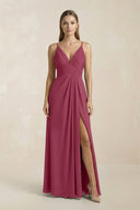 V - Neck A - Line Pleated Chiffon Bridesmaid Dress in Desert Rose - KissProm Bridesmaid Dresses