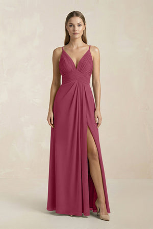 V - Neck A - Line Pleated Chiffon Bridesmaid Dress in Desert Rose - KissProm Bridesmaid Dresses