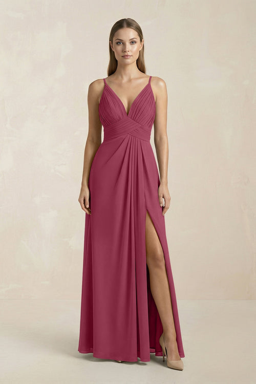 V - Neck A - Line Pleated Chiffon Bridesmaid Dress in Desert Rose - KissProm Bridesmaid Dresses