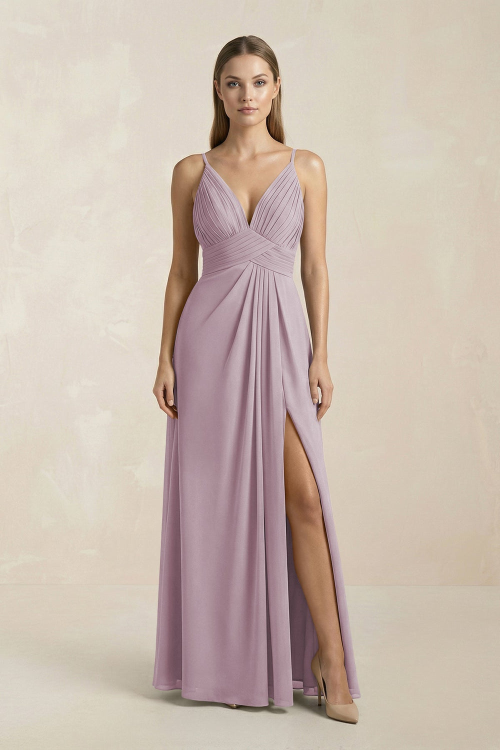 V - Neck A - Line Pleated Chiffon Bridesmaid Dress in Dusk - KissProm Bridesmaid Dresses