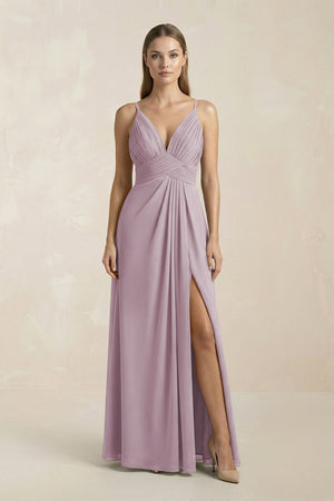 V - Neck A - Line Pleated Chiffon Bridesmaid Dress in Dusk - KissProm Bridesmaid Dresses