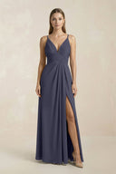 V - Neck A - Line Pleated Chiffon Bridesmaid Dress in Dusk Blue - KissProm Bridesmaid Dresses