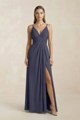 V - Neck A - Line Pleated Chiffon Bridesmaid Dress in Dusk Blue - KissProm Bridesmaid Dresses