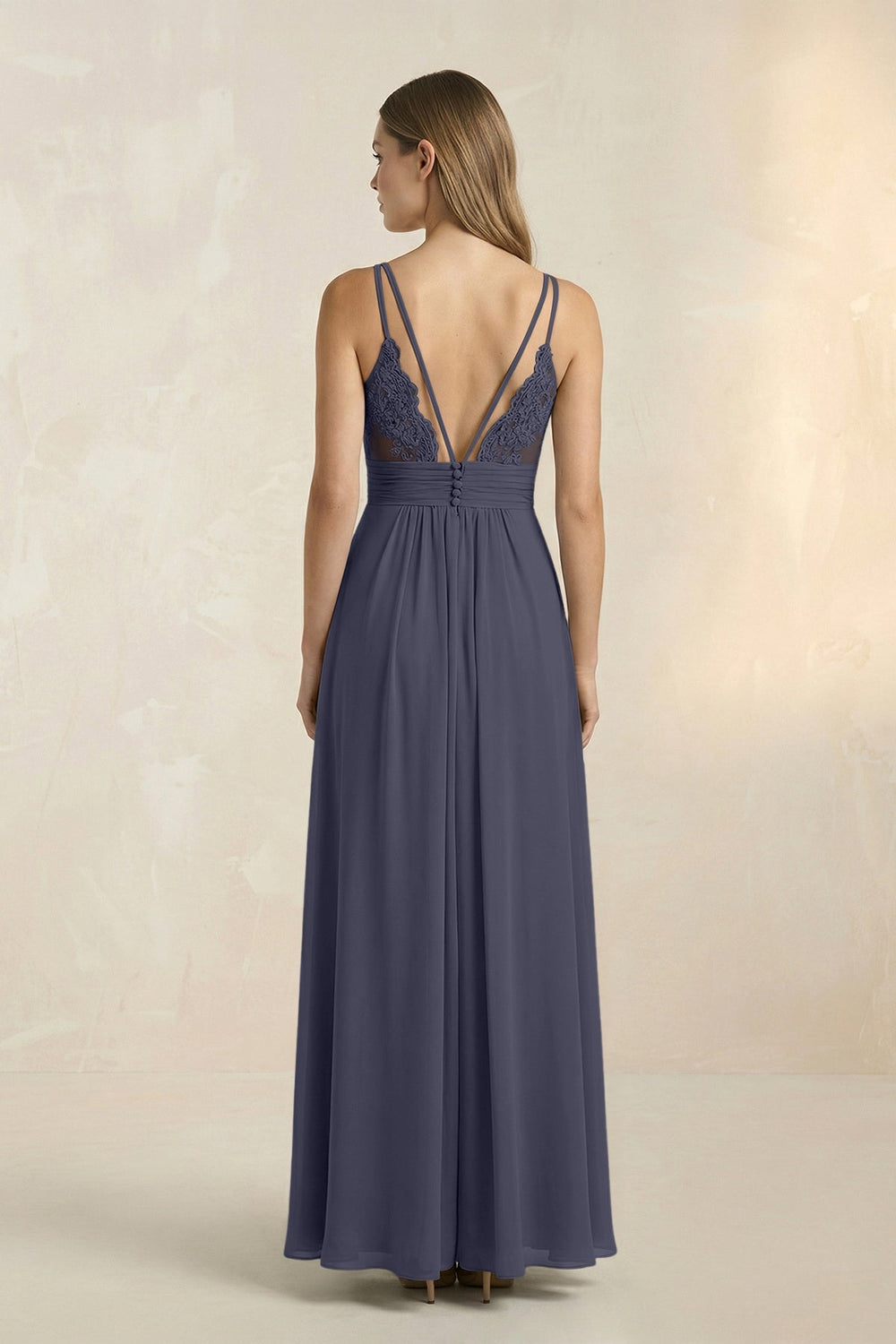 V - Neck A - Line Pleated Chiffon Bridesmaid Dress in Dusk Blue - KissProm Bridesmaid Dresses
