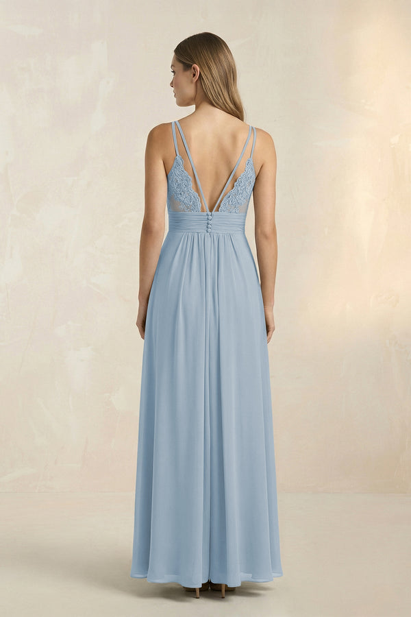 KissProm | V-Neck A-Line Chiffon Pleated Bridesmaid Dress in Dusty Blue KissProm | V-Neck A-Line Chiffon Pleated Bridesmaid Dress in Dusty Blue