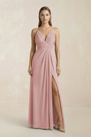 V - Neck A - Line Pleated Chiffon Bridesmaid Dress in Dusty Rose - KissProm Bridesmaid Dresses