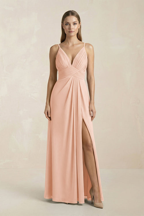 V - Neck A - Line Pleated Chiffon Bridesmaid Dress in English Rose - KissProm Bridesmaid Dresses