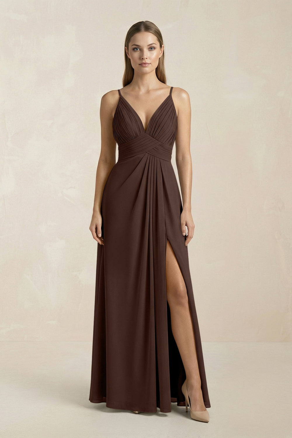 V - Neck A - Line Pleated Chiffon Bridesmaid Dress in Espresso - KissProm Bridesmaid Dresses