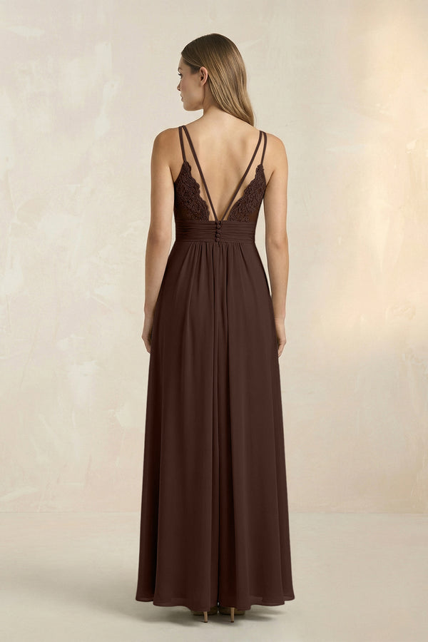 V - Neck A - Line Pleated Chiffon Bridesmaid Dress in Espresso - KissProm Bridesmaid Dresses