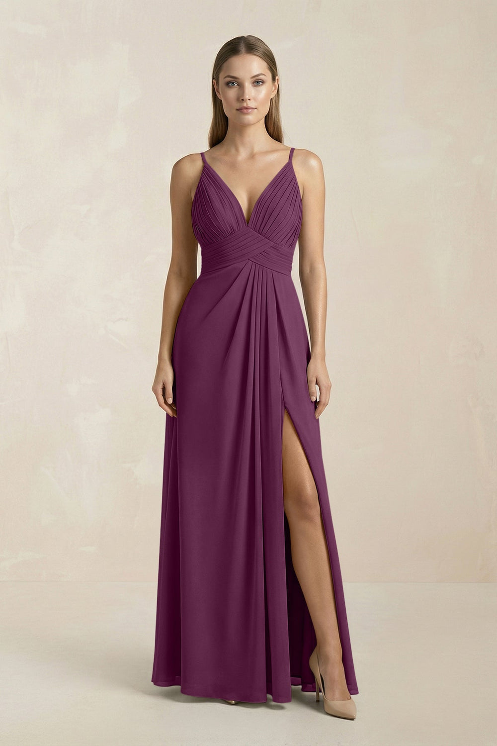 V - Neck A - Line Pleated Chiffon Bridesmaid Dress in Fig - KissProm Bridesmaid Dresses