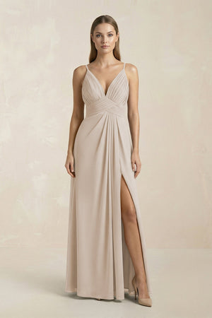 V - Neck A - Line Pleated Chiffon Bridesmaid Dress in Frost - KissProm Bridesmaid Dresses