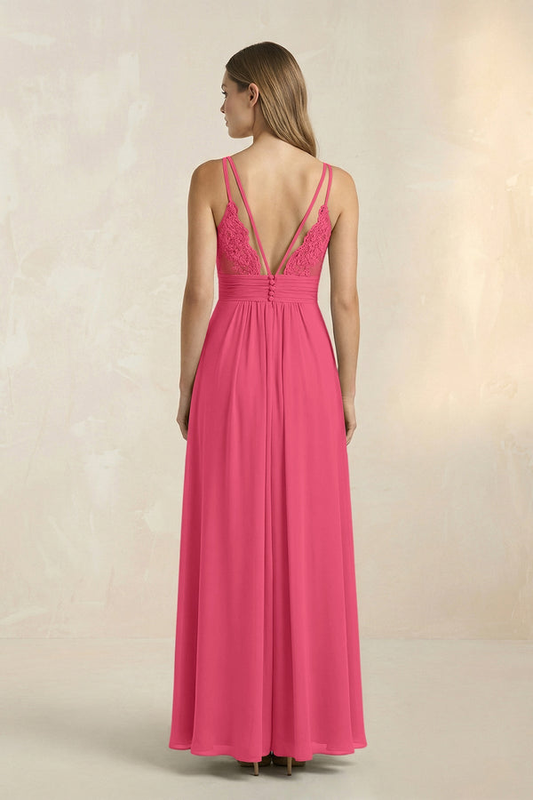 V - Neck A - Line Pleated Chiffon Bridesmaid Dress in Fuchsia - KissProm Bridesmaid Dresses