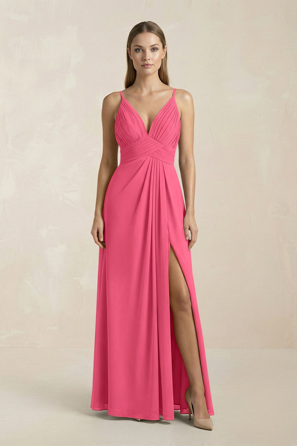 V - Neck A - Line Pleated Chiffon Bridesmaid Dress in Fuchsia - KissProm Bridesmaid Dresses