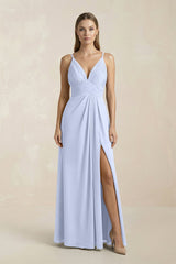 V - Neck A - Line Pleated Chiffon Bridesmaid Dress in Ice - KissProm Bridesmaid Dresses
