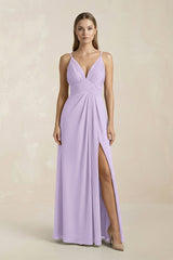 V - Neck A - Line Pleated Chiffon Bridesmaid Dress in Lavender - KissProm Bridesmaid Dresses