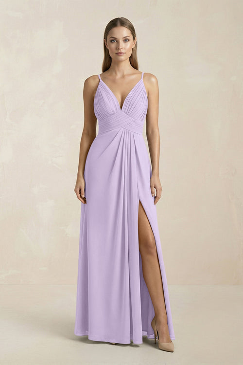 V - Neck A - Line Pleated Chiffon Bridesmaid Dress in Lavender - KissProm Bridesmaid Dresses