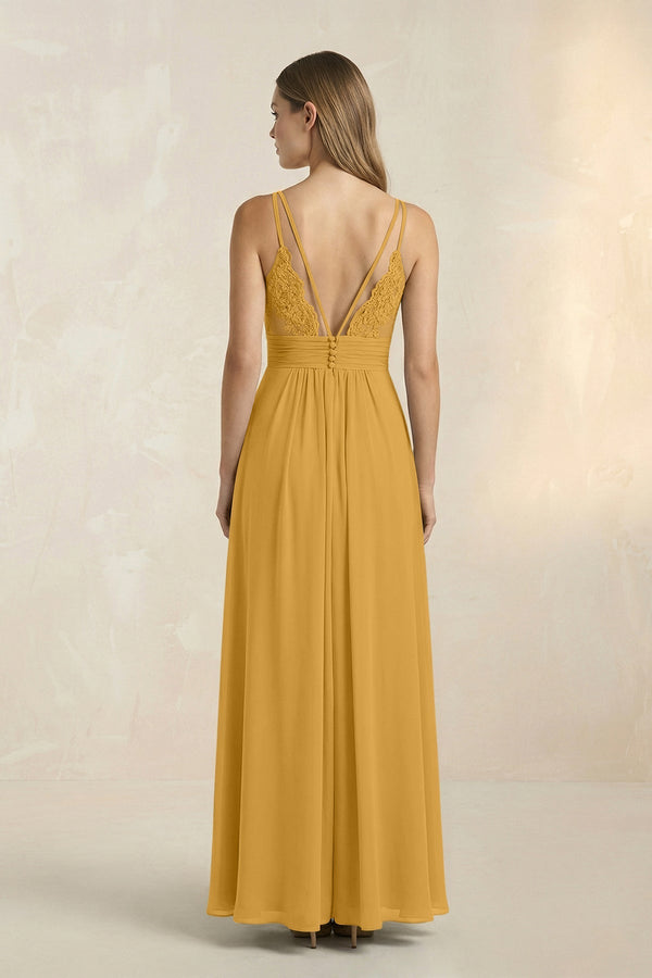 V - Neck A - Line Pleated Chiffon Bridesmaid Dress in Marigold - KissProm Bridesmaid Dresses