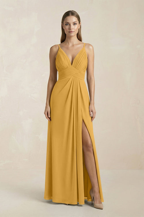 V - Neck A - Line Pleated Chiffon Bridesmaid Dress in Marigold - KissProm Bridesmaid Dresses