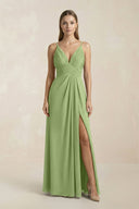 V - Neck A - Line Pleated Chiffon Bridesmaid Dress in Matcha - KissProm Bridesmaid Dresses