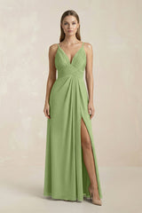 V - Neck A - Line Pleated Chiffon Bridesmaid Dress in Matcha - KissProm Bridesmaid Dresses