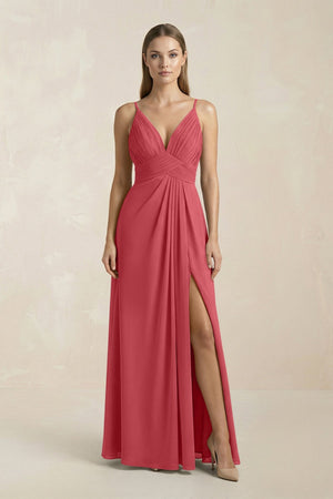 V - Neck A - Line Pleated Chiffon Bridesmaid Dress in Merlot - KissProm Bridesmaid Dresses