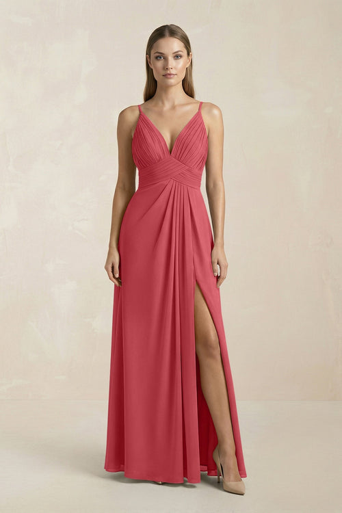 V - Neck A - Line Pleated Chiffon Bridesmaid Dress in Merlot - KissProm Bridesmaid Dresses