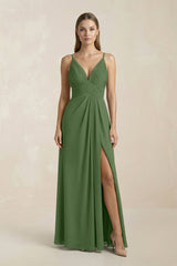 V - Neck A - Line Pleated Chiffon Bridesmaid Dress in Moss - KissProm Bridesmaid Dresses