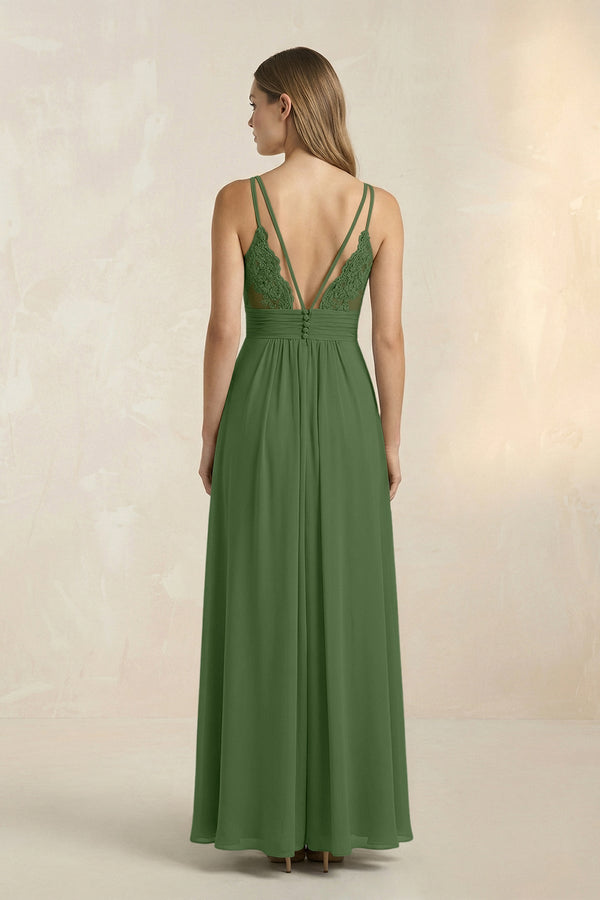 V - Neck A - Line Pleated Chiffon Bridesmaid Dress in Moss - KissProm Bridesmaid Dresses