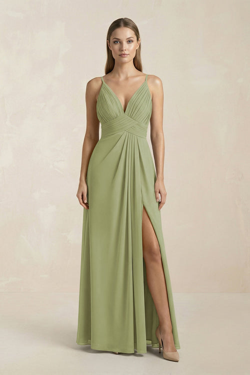 V-Neck A-Line Pleated Chiffon Bridesmaid Dress in Moss Green