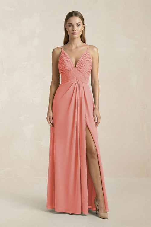 V - Neck A - Line Pleated Chiffon Bridesmaid Dress in Mulberry - KissProm Bridesmaid Dresses