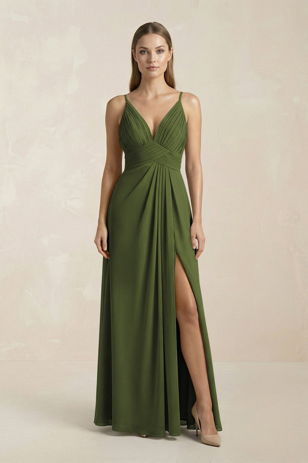 V - Neck A - Line Pleated Chiffon Bridesmaid Dress in Olive - KissProm Bridesmaid Dresses