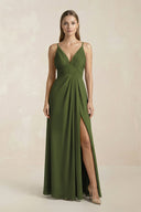 V - Neck A - Line Pleated Chiffon Bridesmaid Dress in Olive - KissProm Bridesmaid Dresses