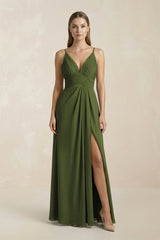V - Neck A - Line Pleated Chiffon Bridesmaid Dress in Olive - KissProm Bridesmaid Dresses