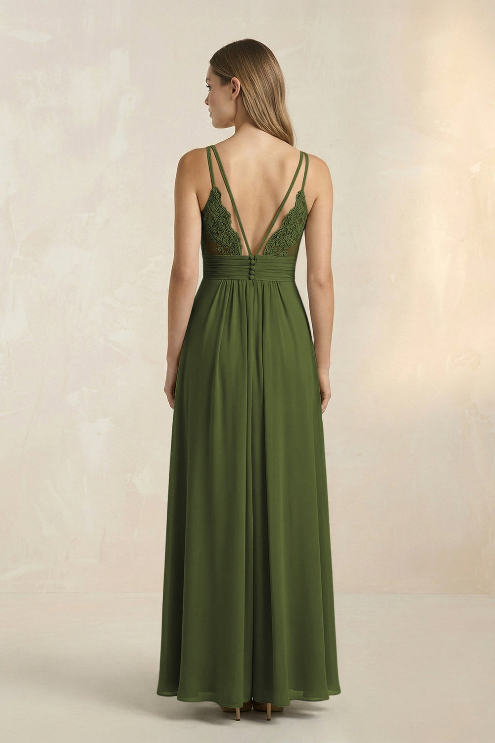 V - Neck A - Line Pleated Chiffon Bridesmaid Dress in Olive - KissProm Bridesmaid Dresses