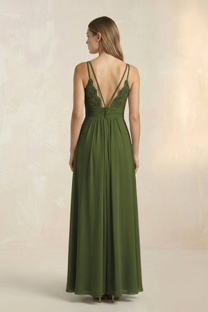 V - Neck A - Line Pleated Chiffon Bridesmaid Dress in Olive - KissProm Bridesmaid Dresses