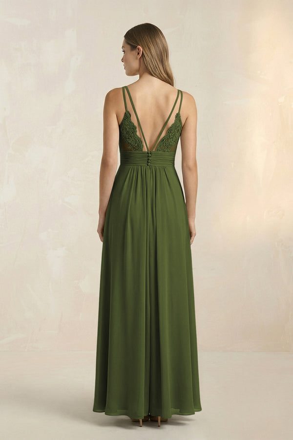 V - Neck A - Line Pleated Chiffon Bridesmaid Dress in Olive - KissProm Bridesmaid Dresses