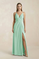 V - Neck A - Line Pleated Chiffon Bridesmaid Dress in Pale Pistachio - KissProm Bridesmaid Dresses