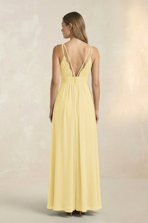V - Neck A - Line Pleated Chiffon Bridesmaid Dress in Pastel Yellow - KissProm Bridesmaid Dresses