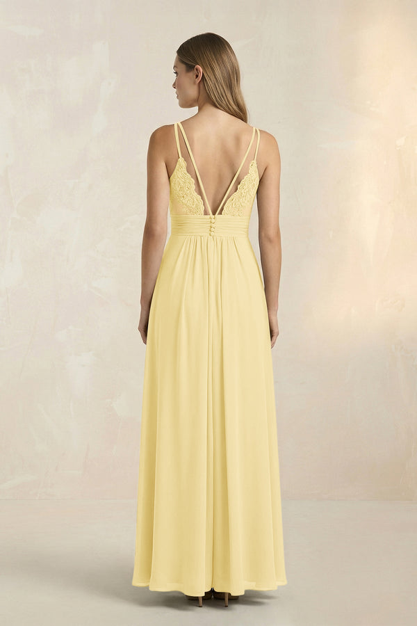 V - Neck A - Line Pleated Chiffon Bridesmaid Dress in Pastel Yellow - KissProm Bridesmaid Dresses