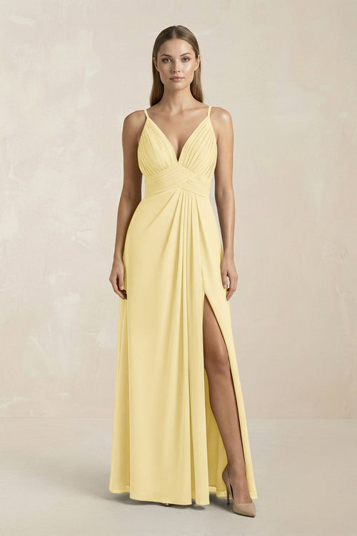 V - Neck A - Line Pleated Chiffon Bridesmaid Dress in Pastel Yellow - KissProm Bridesmaid Dresses