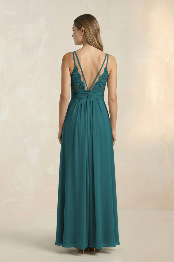 V - Neck A - Line Pleated Chiffon Bridesmaid Dress in Pine - KissProm Bridesmaid Dresses