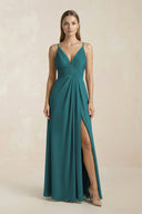 V - Neck A - Line Pleated Chiffon Bridesmaid Dress in Pine - KissProm Bridesmaid Dresses