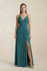 V - Neck A - Line Pleated Chiffon Bridesmaid Dress in Pine - KissProm Bridesmaid Dresses