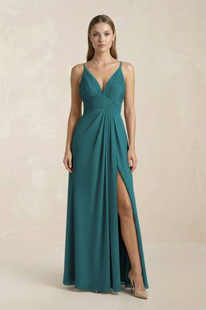 V - Neck A - Line Pleated Chiffon Bridesmaid Dress in Pine - KissProm Bridesmaid Dresses