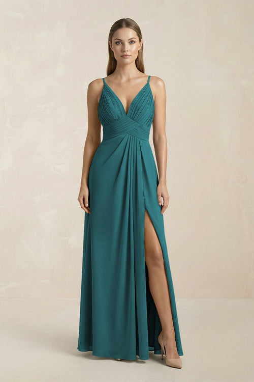 V - Neck A - Line Pleated Chiffon Bridesmaid Dress in Pine - KissProm Bridesmaid Dresses