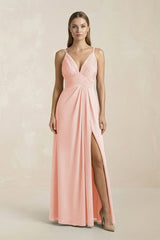 V - Neck A - Line Pleated Chiffon Bridesmaid Dress in Rose Petal - KissProm Bridesmaid Dresses