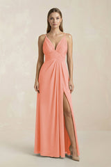 V - Neck A - Line Pleated Chiffon Bridesmaid Dress in Rosette - KissProm Bridesmaid Dresses