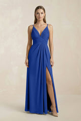 V - Neck A - Line Pleated Chiffon Bridesmaid Dress in Royal Blue - KissProm Bridesmaid Dresses