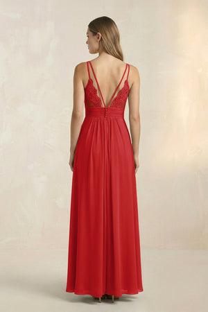 V - Neck A - Line Pleated Chiffon Bridesmaid Dress in Ruby Red - KissProm Bridesmaid Dresses